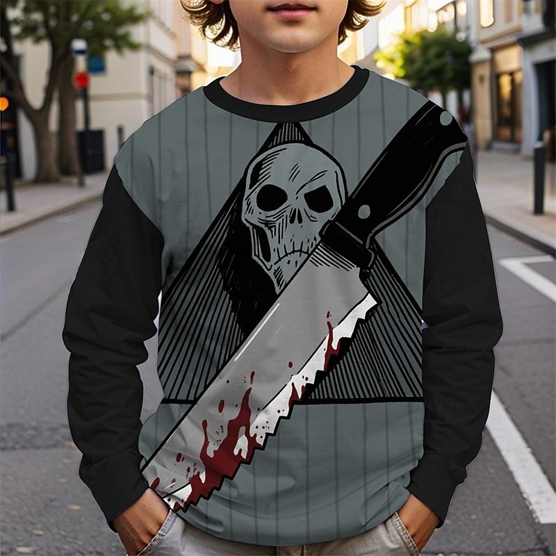 Halloween Pojkar 3D Dödskalle T-shirt Långärmad Vår Höst Mode Grundläggande Barn 4-12 år Rund hals Utomhus Ledigt Dagligen Normal 2025 - $13.99 –P3