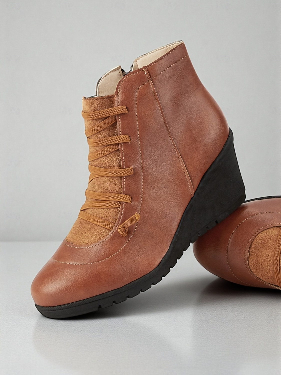 Bottines compensées en similicuir marron pour femme avec fermeture éclair latérale – bottines à lacets décontractées et confortables pour le travail, le shopping et les voyages de 2025 ? $32.99 –P1