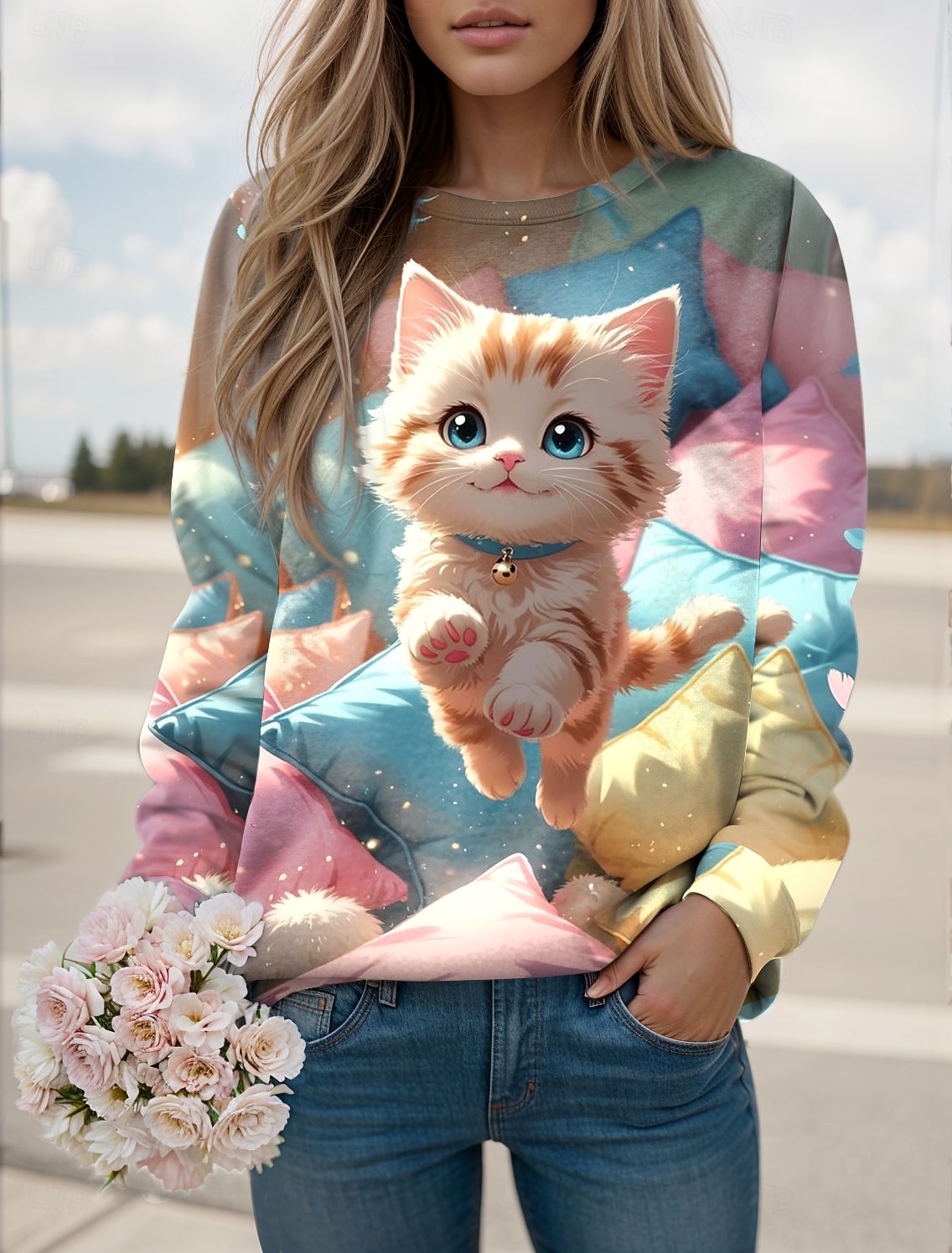 Damen Pullover Sweatshirt Druck Grafik Tiermotiv Katze Lässig Langarm Rundhalsausschnitt Normale Oberteile Lässig Straße Ferien Blau Rosa Purpur Grün Frühling Herbst Winter 2026 - ₪98 –P1