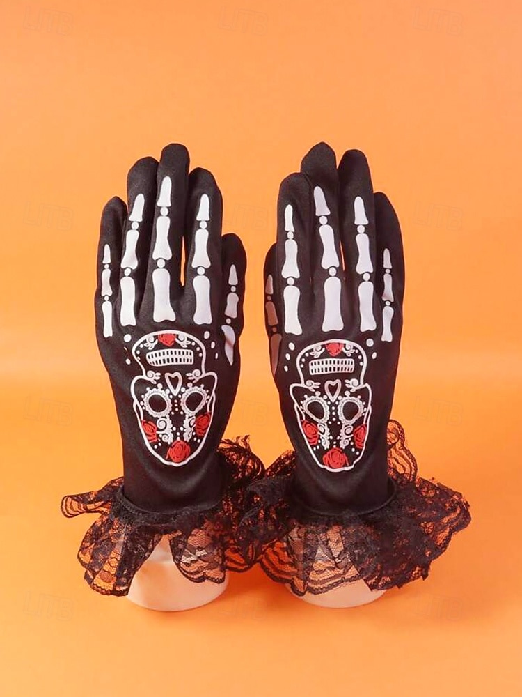 Damen-Halloween-Skeletthandschuhe – schwarze Spitzenmanschette mit Zuckerschädel-Aufdruck, Kostümzubehör für Party, Cosplay und Nachtleben 2026 - $7.99 –P3