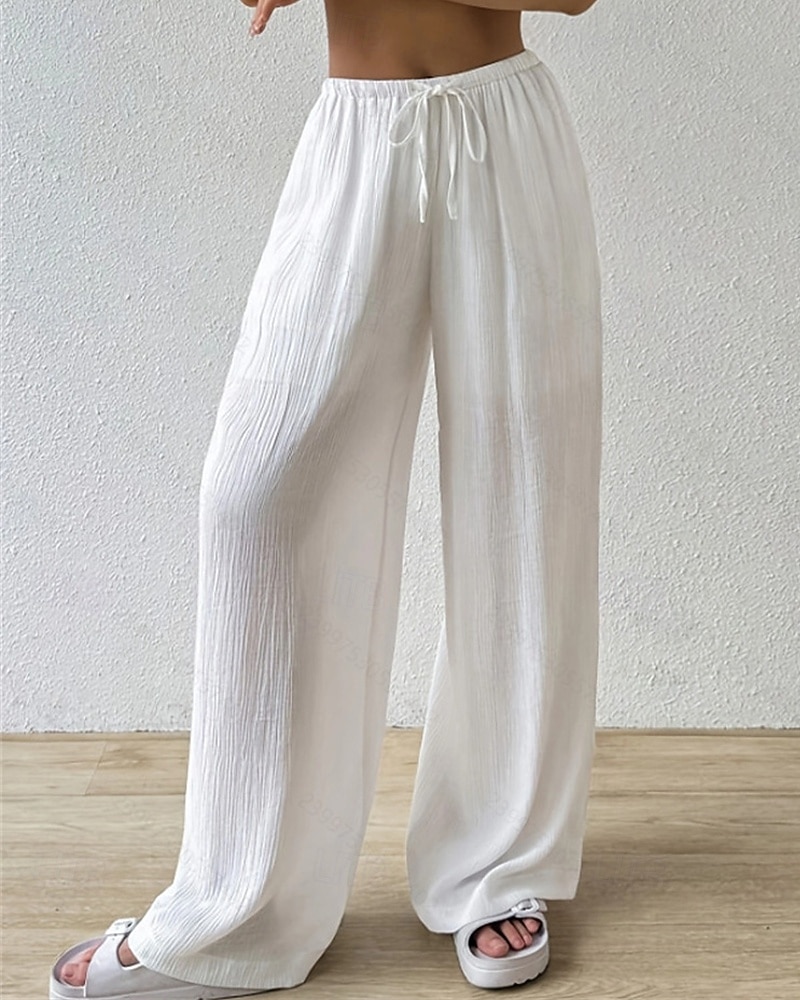 Dam Brett skaft Byxor Palazzo byxor Mode Streetwear Fullängd Hög midja Slät Elastisk midja Mateial som andas Bekväm Gata Dagliga kläder Utekväll Svart Vit Rodnande Rosa Kaki Sommar Vår Normal 2025 - $20.99 –P3