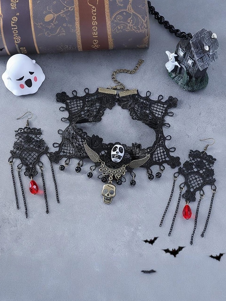 Conjunto de collar y pendientes de araña y calavera de Halloween para mujer: diseño de red de encaje negro con gema roja, perfecto para fiestas y disfraces de Halloween. 2025 - $14.99 –P5