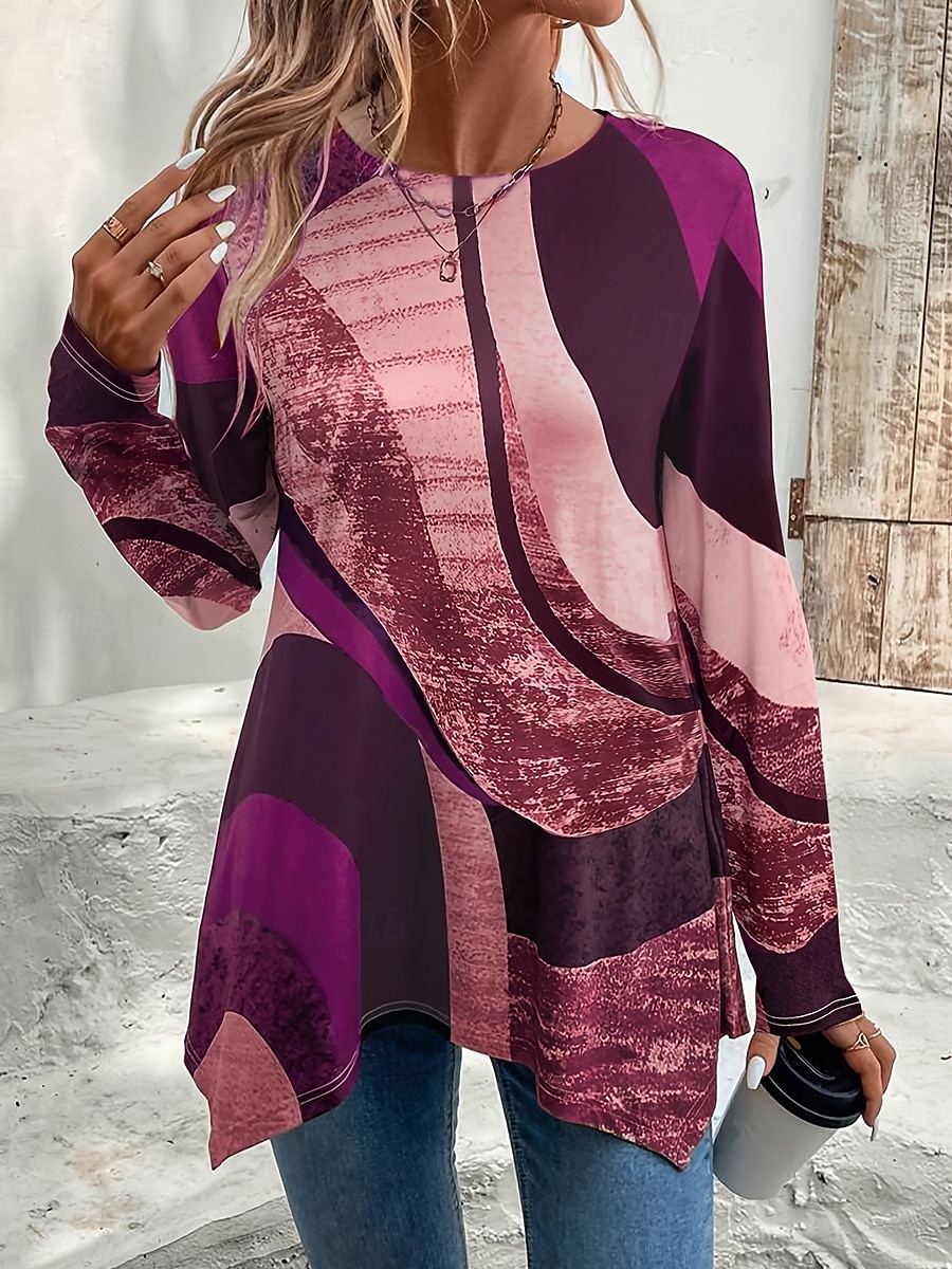 Жен. Футболка С принтом Асимметричный вырез Графика Геометрический принт Винтаж Стиль На каждый день Длинный рукав Вырез под горло Обычные топы Повседневные Красный Лиловый Коричневый Зеленый Хаки 2026 - $24.99 –P6