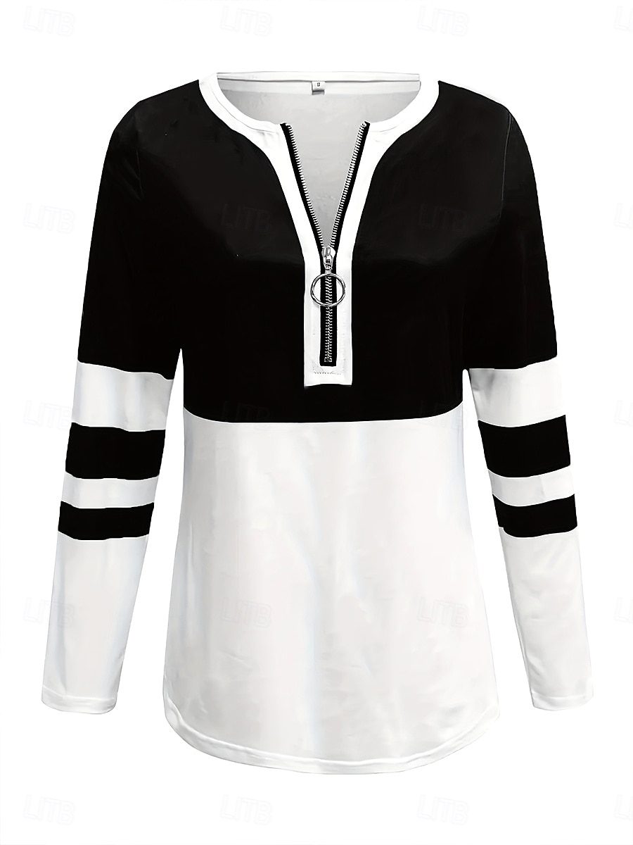Women's T shirt Long Sleeve Graphic Color Block Striped Elegant Vintage Stylish Long Sleeve V Neck Regular Tops Daily Weekend Zipper Print Black Red Royal Blue Spring Fall Prefall 2025 - $23.99 –P5