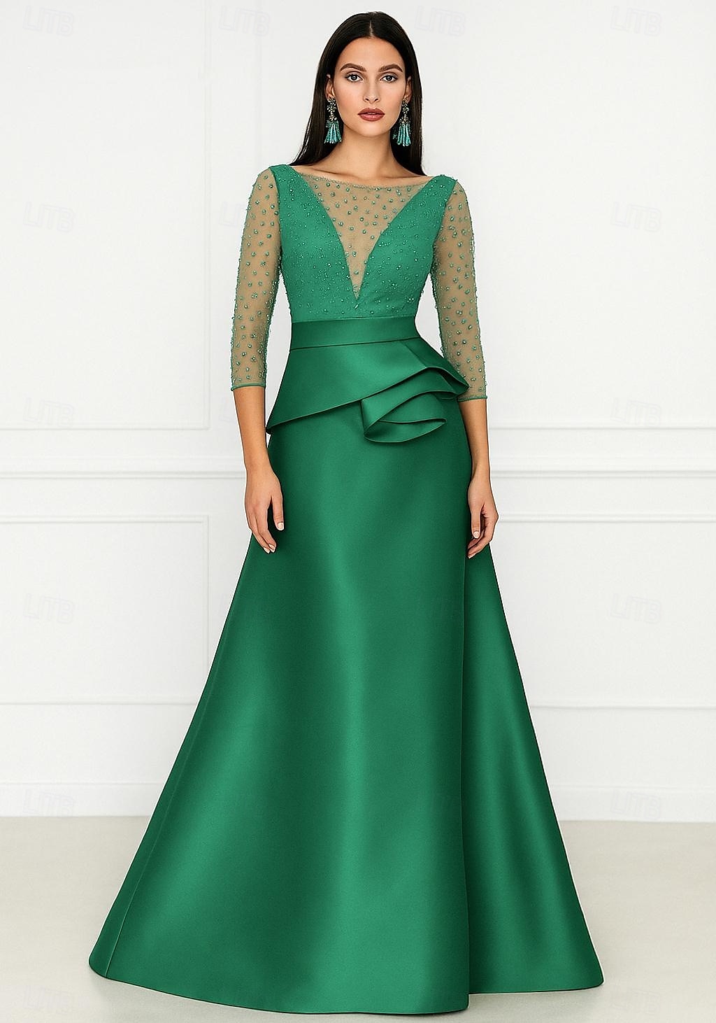 A-Line Floor Length Evening Gown Ball Gown Formal Dress Elegant 3/4 Length Sleeve Illusion Neck Formal Wedding Pink Dress Satin with Beading 2025 - $144.99 –P1