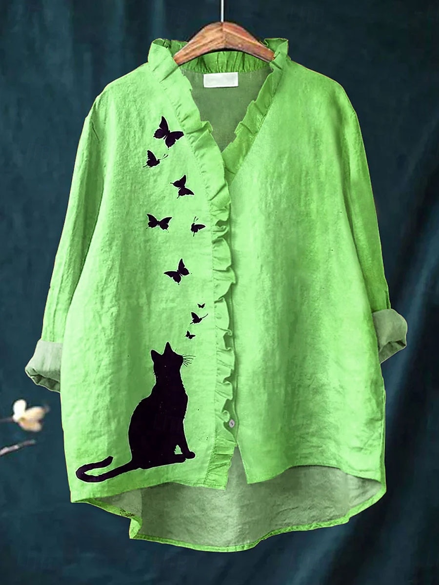 Dame Bluse Grafisk Katt Sommerfugl Elegant Bohem Aktiv Langermet V-hals Lange topper Daglig Ferie Ut på byen Drapering Gul Rosa Blå Lilla Grønn Vår Høst 2025 - $24.99 –P4