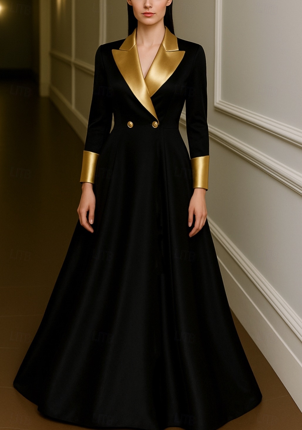 Vestido de noite preto dourado com corte A, elegante, formal, para casamento, comprimento até o chão, manga comprida, lapela, cetim com pregas, 2025 de 2025 por $139.99 –P4