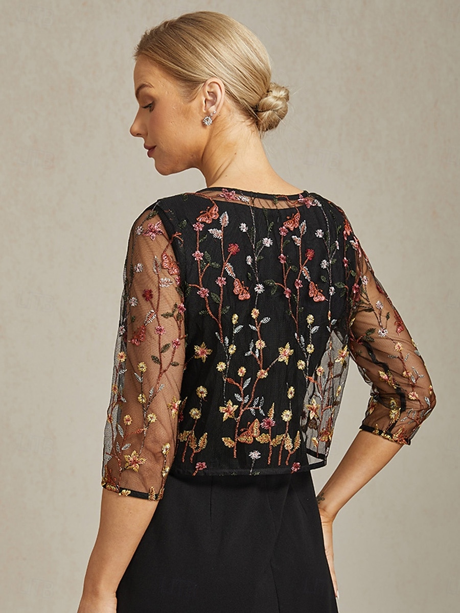 Жен. Блейзер Куртка Легкость Кружева Вышивка Элегантный стиль Цветочный принт Официальные Годовщина Для вечеринок Свадебный гость Открытый перед Короткая "Круглый вырез ""под горло""" Стандартный 2025 - $49.99 –P3