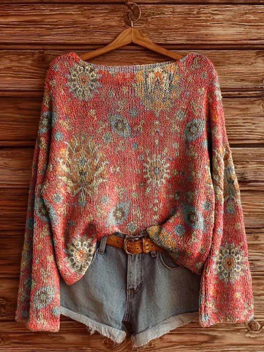 Women's Sweater Casual Soft Floral Vintage Ethnic Long Sleeve Crew Neck Regular Tops Daily Holiday Print Wine Red Purple Fuchsia Spring Fall Winter 2025 - $22.99 –P4