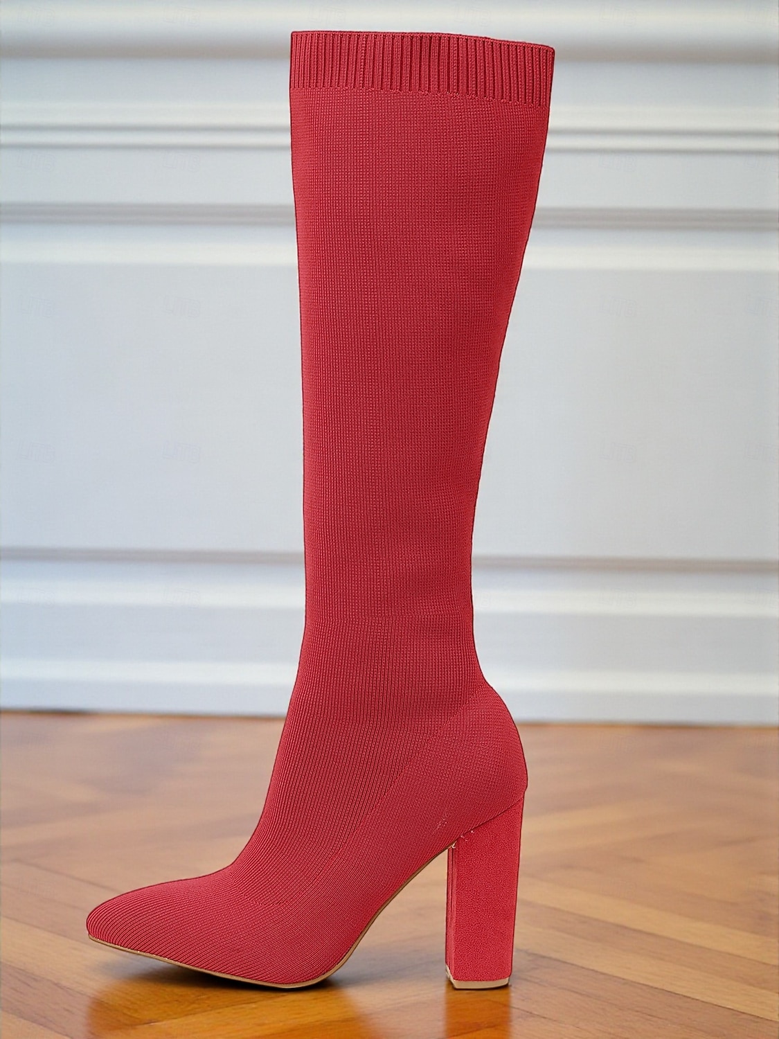 Botas altas hasta la rodilla rojas para mujer: botas largas de punto elástico, punta puntiaguda y tacón grueso para atuendos de otoño-invierno, fiestas y looks urbanos de moda. 2025 - $64.99 –P5