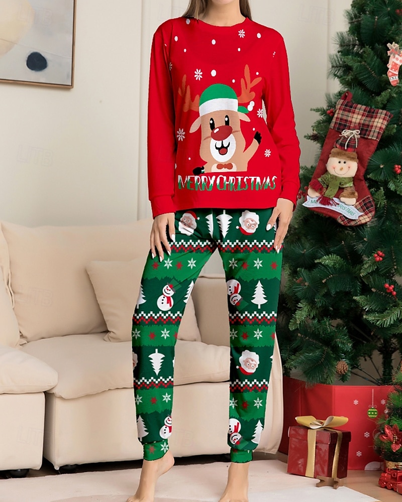 2025年 ファミリールック パジャマ クリスマス柄 家 プリント ルビーレッド 長袖 活発的 マッチング衣装  コレクション – $19.49 –P6