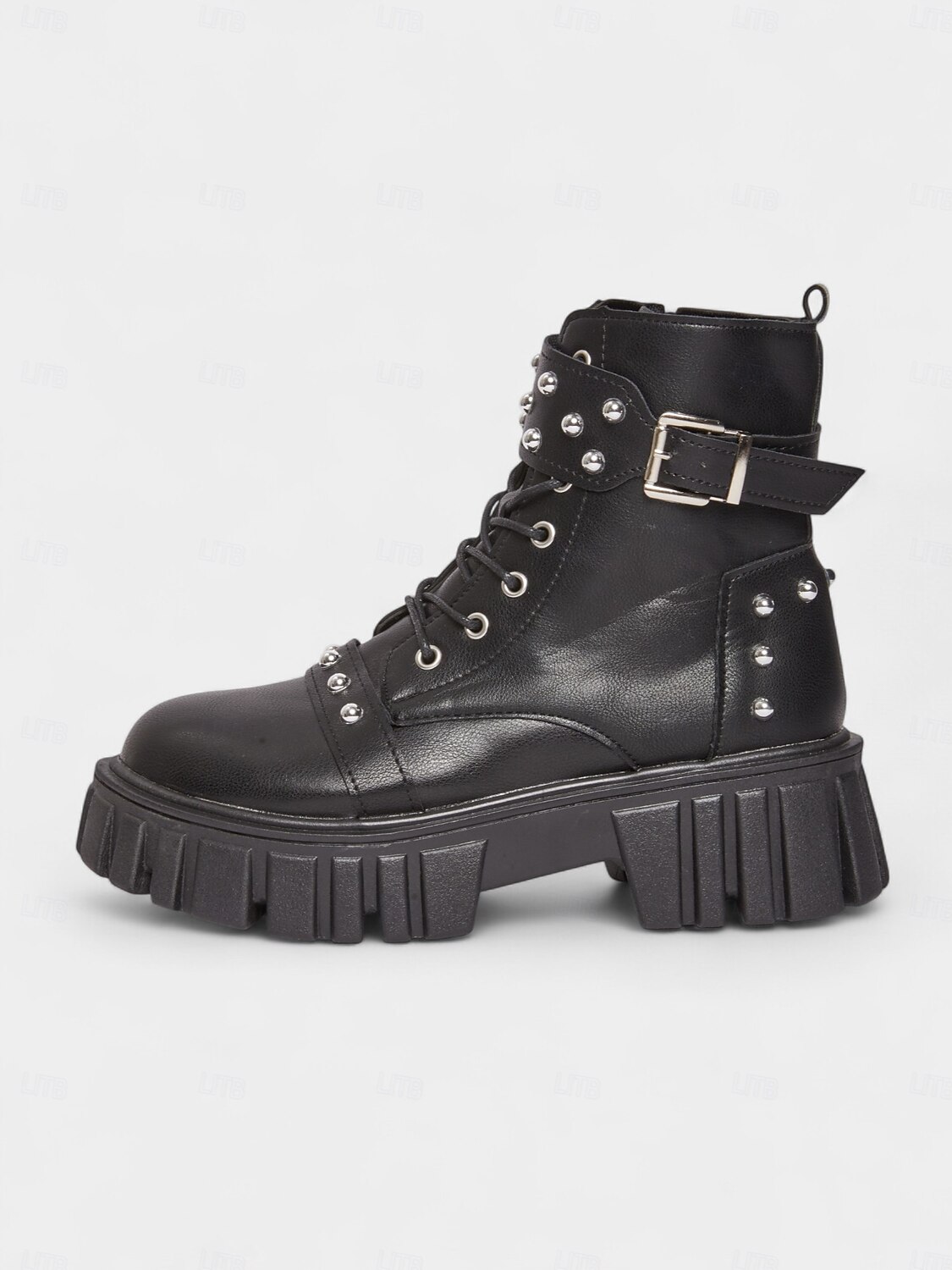 bottes motardes cloutées en similicuir noir pour femme avec semelle plateforme épaisse et fermeture éclair latérale &Bottines à boucle style punk pour ados et femmes, idéales pour les concerts et le de 2025 ? $29.99 –P5