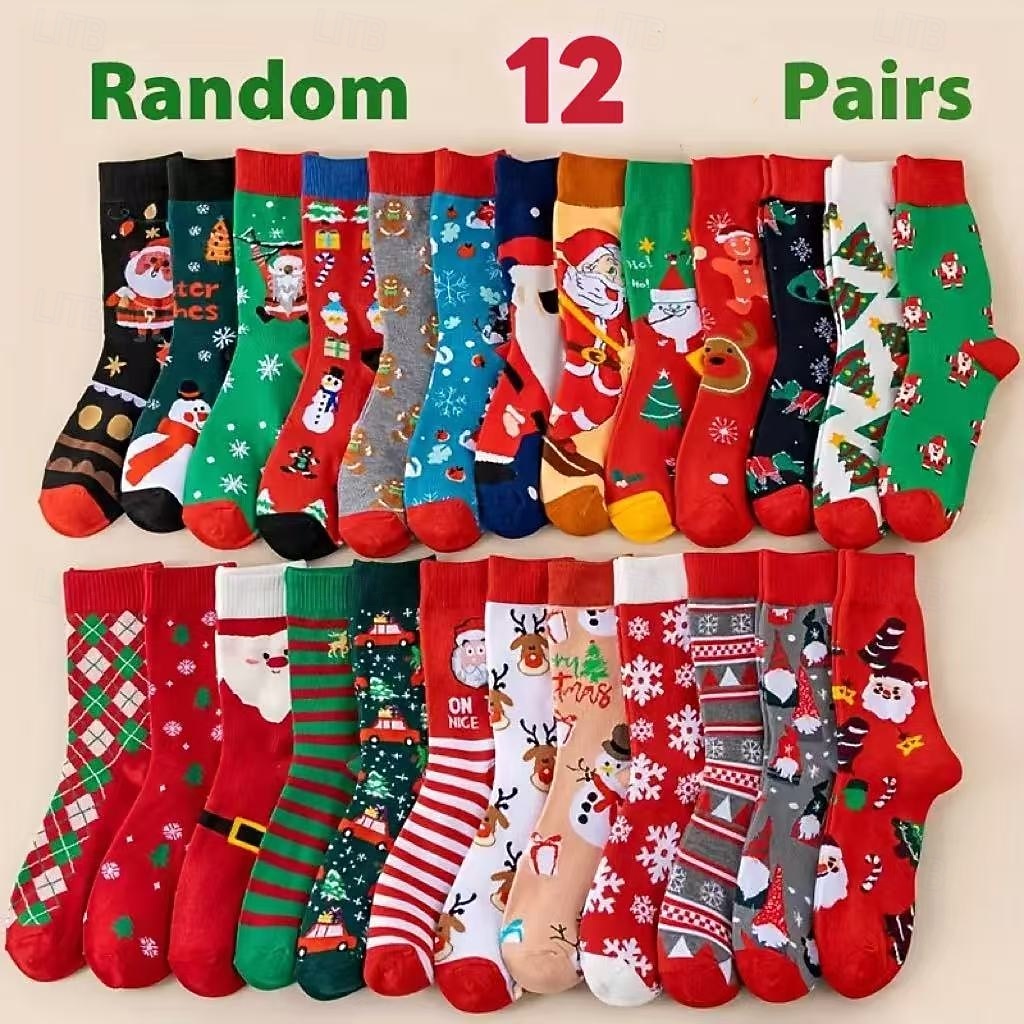 12 paia di calzini caldi spessi in stile natalizio (colore casuale), graziosi calzini lunghi per le feste con disegni di Babbo Natale e pan di zenzero, regalo di Natale perfetto per la famiglia e gli del 2025 a $26.99 –P2