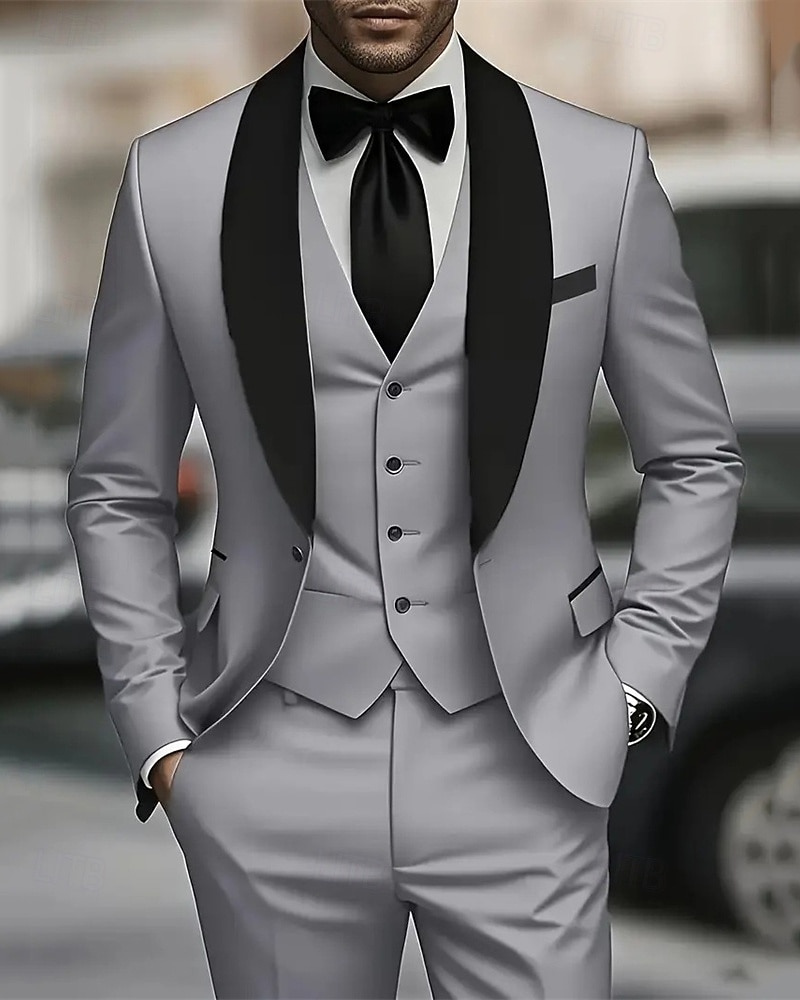 Herren Set Anzüge Anzugweste Geschäft Cocktailparty Hochzeitsfeier 3 Stück Mode Lässig Frühling Herbst Polyester Farbblock Tasche Knöpfe Bequem Einreihig Blazer Schwarz Weiß Burgunderrot Königliches 2025 - $79.99 –P7