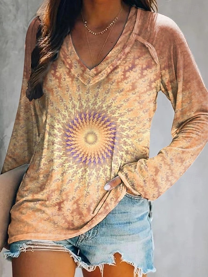 Femmes T-shirt Fleuri Graphique Plantes Élégant Bohème ancien manche longue Col en V Hauts Réguliers Quotidien Sortir Week-end Imprimé Jaune Rose Claire Bleu Violet Vert Printemps Automne de 2025 ? $22.99 –P4