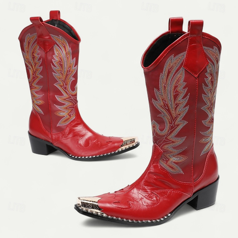 Pánské kovbojské boty z červené kůže – vysoké vyšívané boty ve westernovém stylu na rodeo, jízdu na koni a country festivaly 2025 - $229.99 –P4