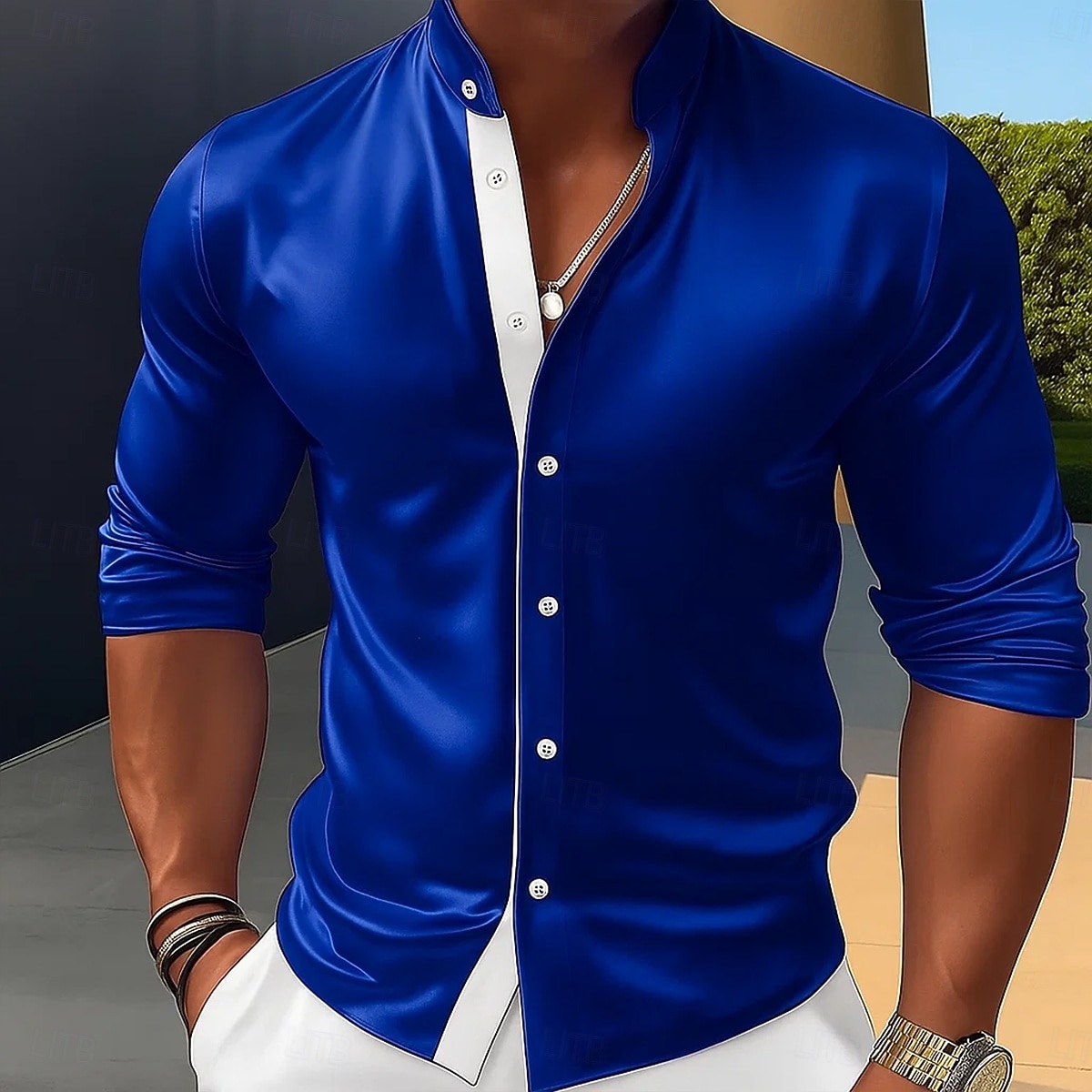 Herren Hemd Satinhemd Kleidhemd Freizeithemd Knopfhemd Abschlussballhemd Einfach Formell Hochzeit Schwarz Rote Königliches Blau Gold Langarm Stehkragen Ganzjahres Bekleidung Farbblock 2025 - $23.99 –P6