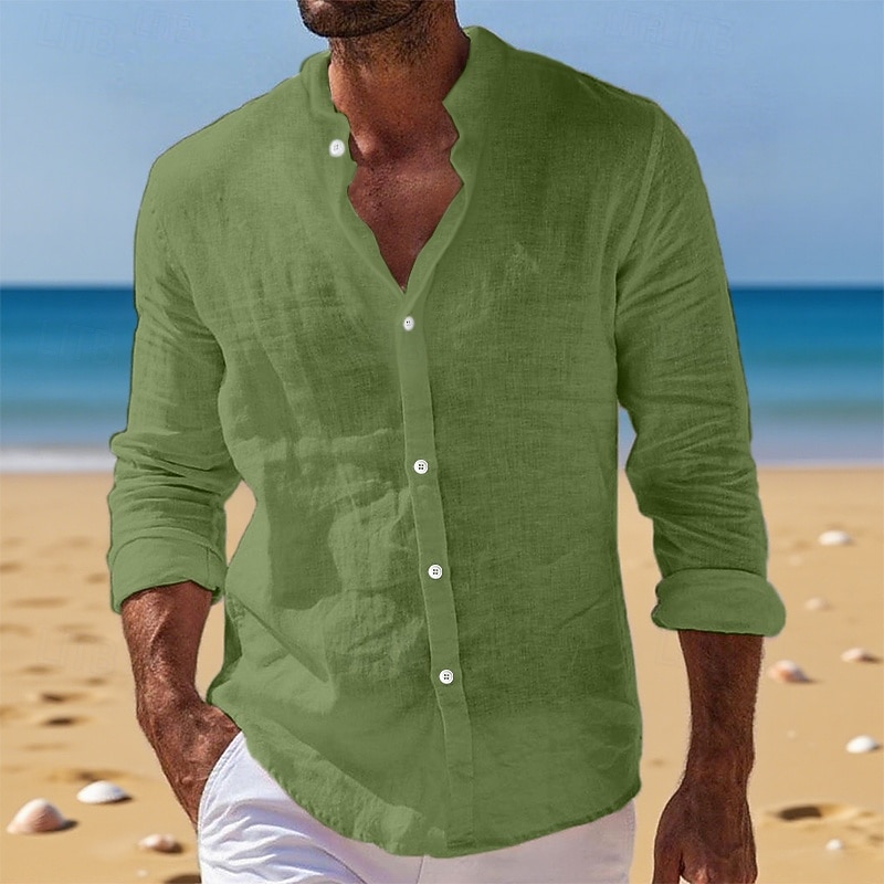 Herren Hemd Leinenhemd Sommerhemd Strandbekleidung Knopfhemd Einfach Urlaub Täglich Schwarz Weiß Rosa Blau Langarm Stehkragen Sommer Frühling & Sommer Bekleidung 2025 - $23.99 –P9