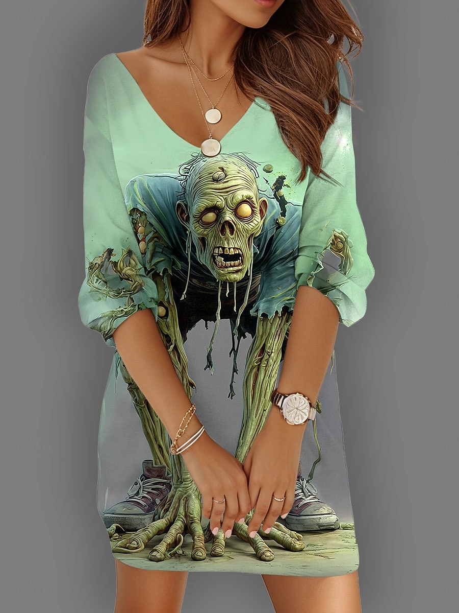 Halloween Női Koponya Nyomtatás Mini Ruha Shift Ruha Vakáció Kényelmes Napi Ünnep Koktél Party Laza Fit Grafika Koponya Hosszú Ujjú V Nyak Sárga Kék Lila Zöld Nyár Tavasz Ősz Ősz 2025 - $28.99 –P1