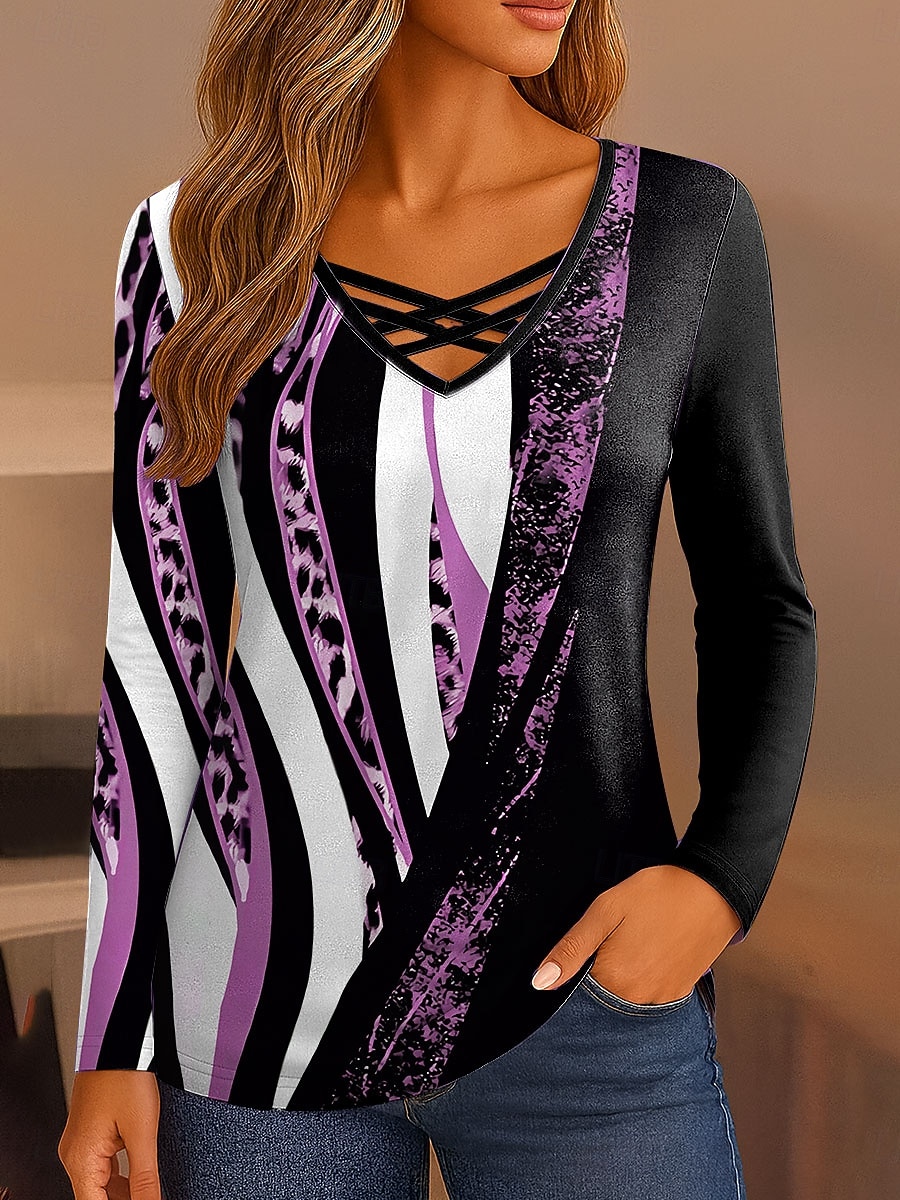 Pentru femei Tricou Grafic Leopard Geometric Epocă Stilat Clasic Manșon Lung În V Topuri obișnuite Zilnic Eliminat Imprimeu Galben Albastru piscină Mov Trifoi Gri Primăvară Toamnă 2025 - $22.99 –P6