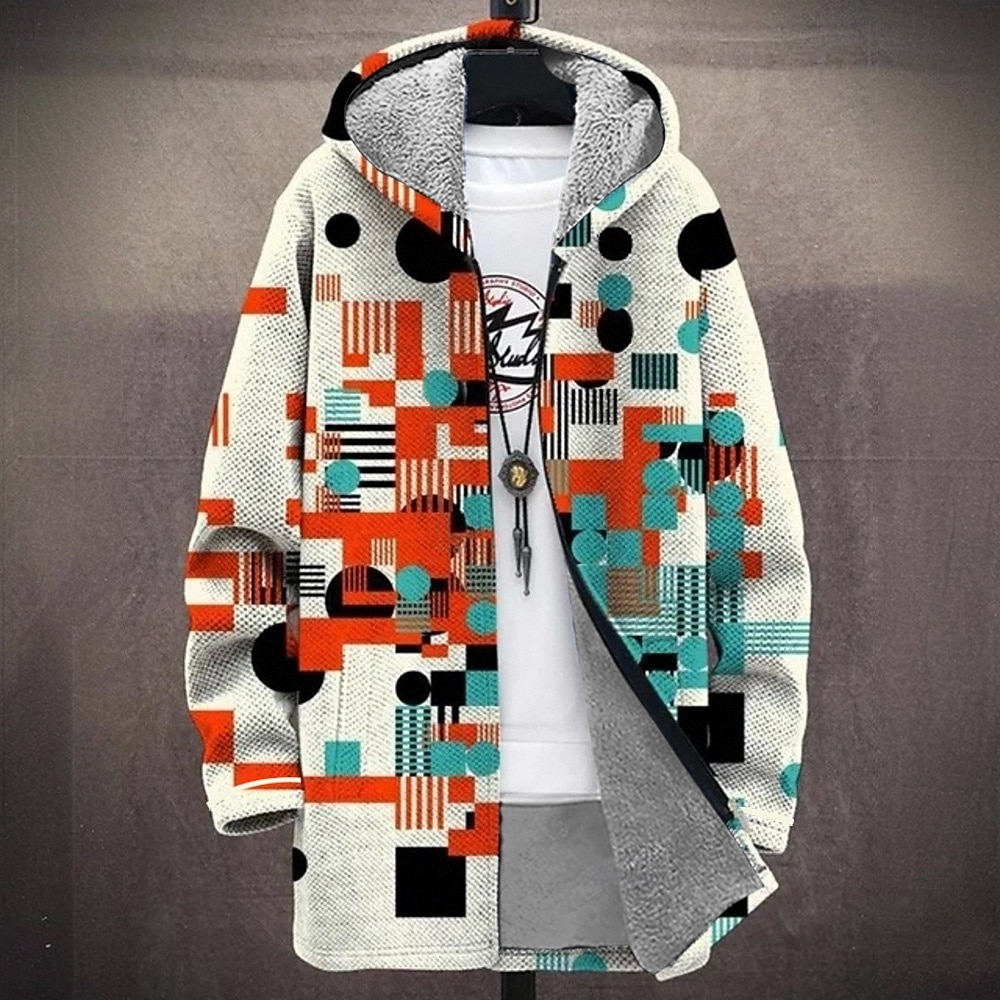 Herr Geometrisk Vinterkappa Fleece-jacka Kappa Håller värmen Bekväm Ledigt Dagliga kläder Dragkedja Ficka 3D-utskrift Höst Vinter Huva Långärmad Vit Rubinrött Brun 2025 - $54.99 –P2