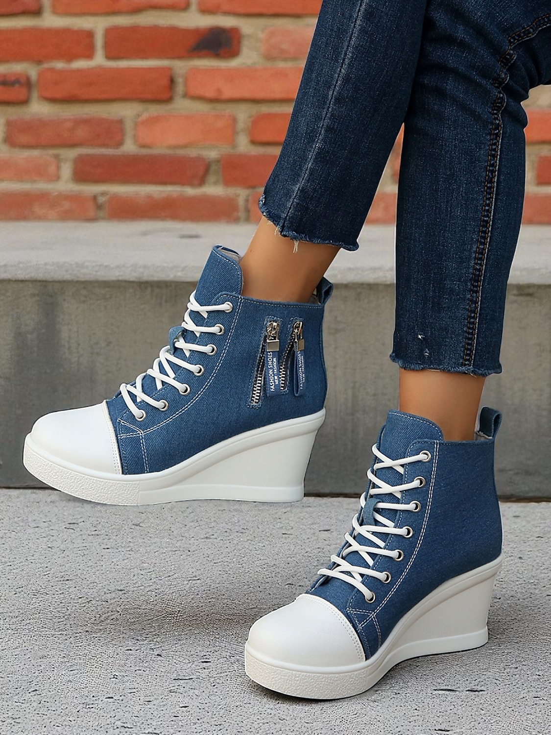 damskie buty sportowe na koturnie z denimu, sznurowane z przodu i zapinane na suwak z boku, codzienne buty na wysokiej platformie do noszenia na co dzień 2025 - $42.99 –P4