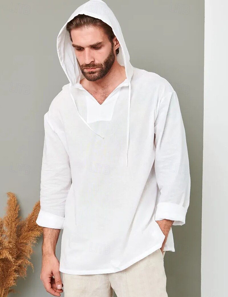 Per uomo Camicia Camicia di lino Camicia popover Camicia Estiva Abbigliamento da spiaggia Camicia con cappuccio Tinta unica Vacanza Streetwear Bianco Verde chiaro Blu Verde Manica Lunga Con Cappuccio del 2025 a $23.99 –P3