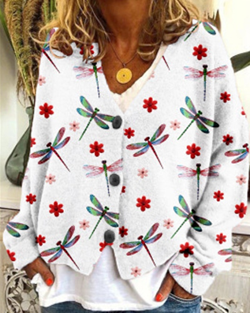 Damen Mantel Freizeitjacke Warm Bequem Druck Mode Modern Lässig Blumen Ausgehen Wochenende Einreihig Regulär V Ausschnitt Normale Passform Langarm Oberbekleidung Weiß Himmelblau Grün Herbst Winter 2025 - $22.99 –P1