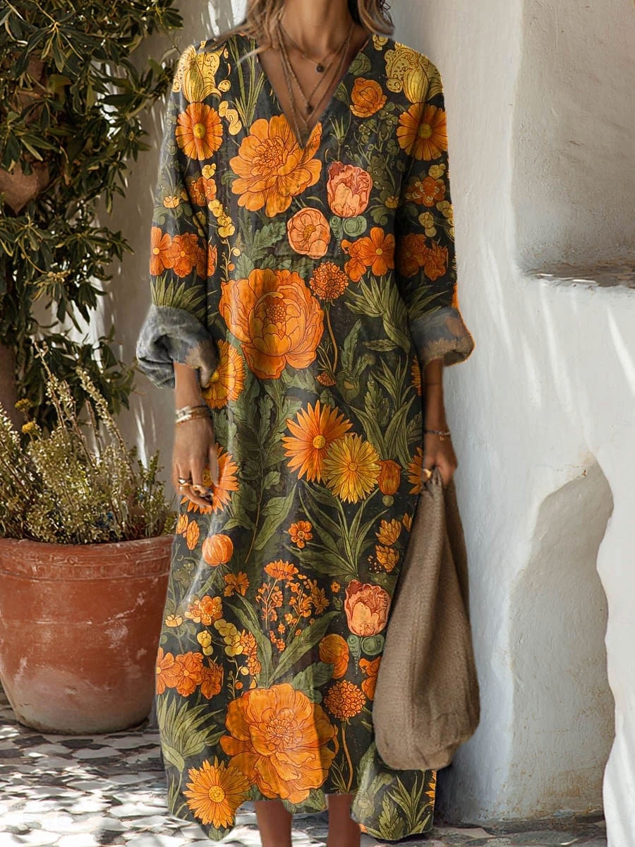 Damen Maxikleid Sommerkleid A Linie Kleid Urlaub Lässig Boho Party Ferien Strand Normale Passform Blumen Grafik Geometrisch Langarm V Ausschnitt Gelb Rote Blau Orange Sommer Frühling Herbst 2025 - $35.99 –P2