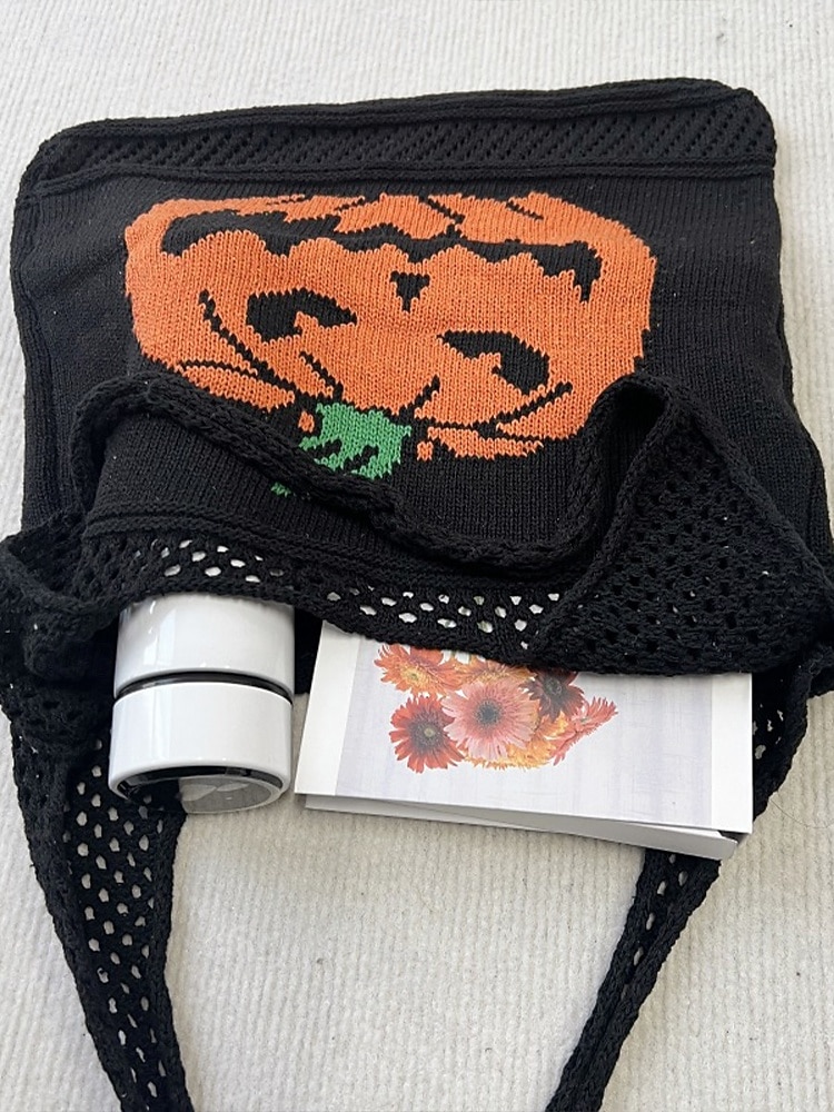 Dámská pletená taška s motivem dýně na Halloween, černá kabelka přes rameno, ležérní nákupní taška na koledování na festivaly, večírky a každodenní nošení 2025 - $14.99 –P7