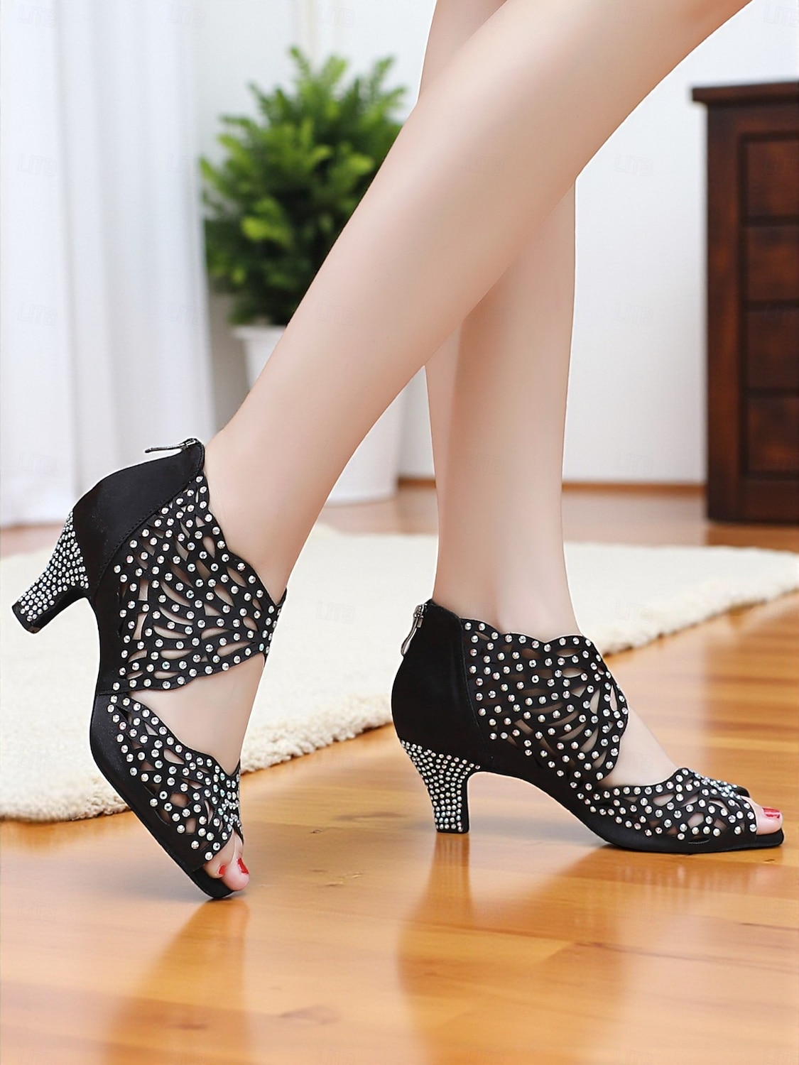 scarpe da ballo da donna con punta aperta, strass e tacco basso color carne - calzature professionali per feste da ballo Gatsby del 2026 a $69.99 –P7