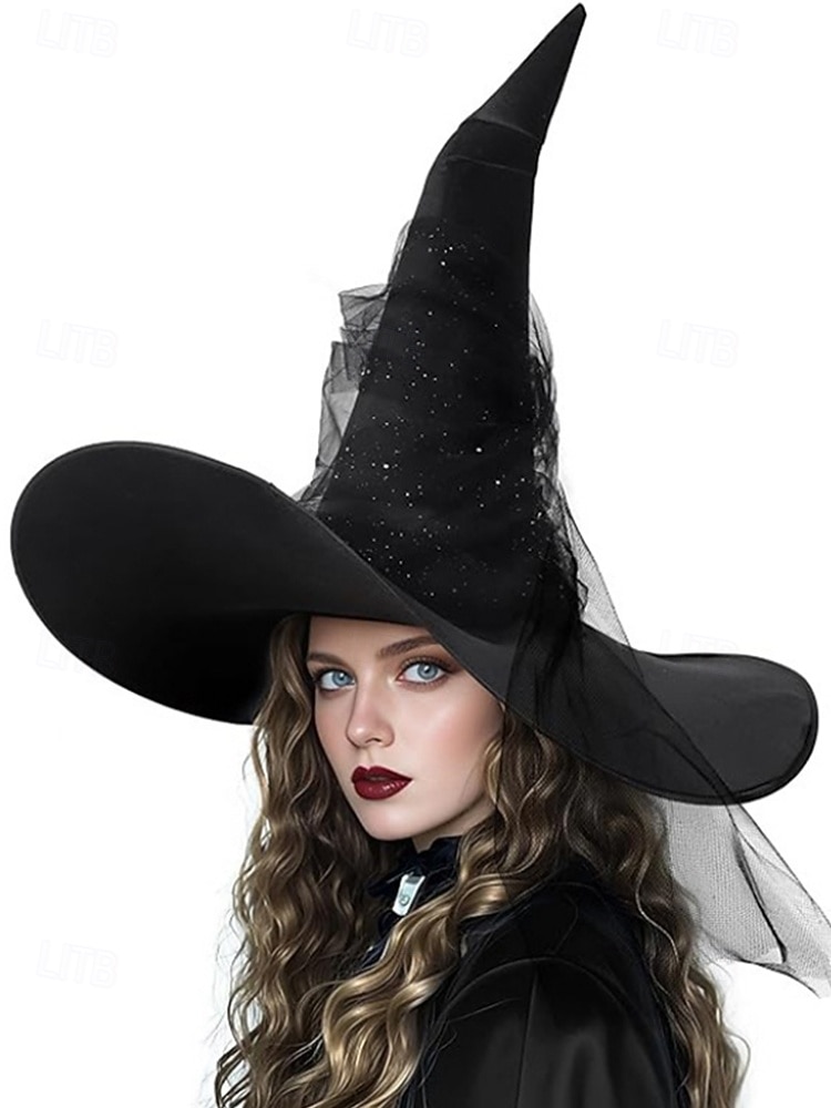 Dámský halloweenský čarodějnický klobouk – černý satén s hvězdnými třpytkami a průsvitným tylovým závojem – ideální pro halloweenské kostýmy a večírky 2025 - $14.99 –P1