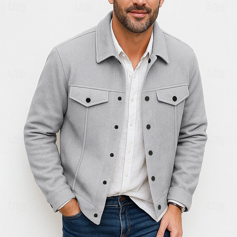 Herren Leichte Jacke Hemdjacke Formell Heim Tragbar Knopf vorne Frühling Herbst Winter Einfarbig Aktiv Vintage Umlegekragen Regulär Schwarz Weiß Khaki Grau Jacken 2025 - $30.99 –P2