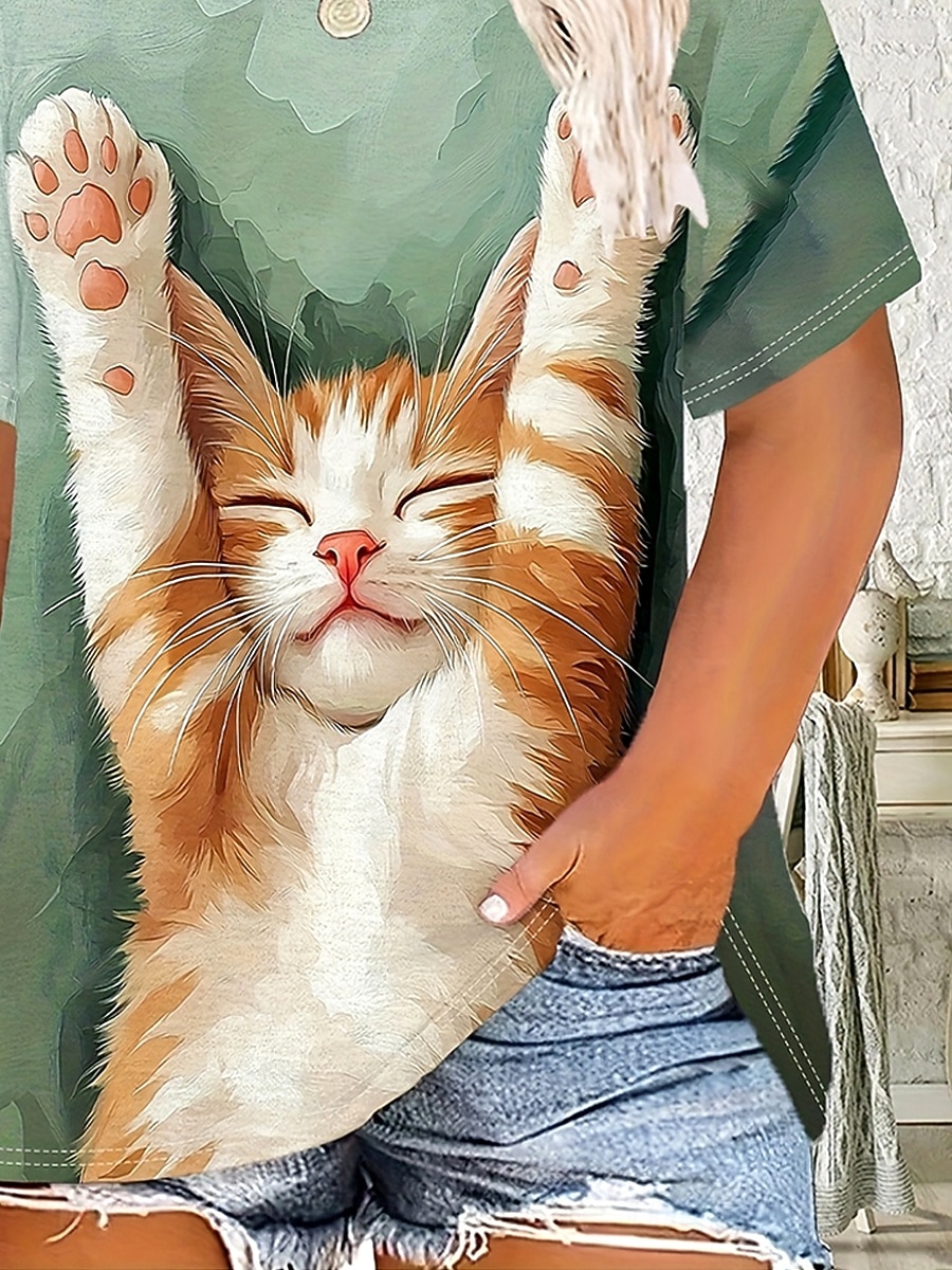 Dam T-shirt Grafisk Djur Katt Vintage Stylish Klassisk Kortärmad Rund hals Vanliga toppar Dagligen Helgen Mönster Ljusgrön Sommar Vår 2025 - $21.99 –P3