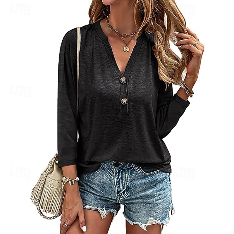 Per donna Blusa Tinta unica Vintage Quotidiano Casual Manica 3/4 Scollo a V Top Regolari Lavoro Quotidiano Uniformi da club Bottoni Rosso violaceo Nero Rosa Blu Estate Primavera Autunno Inverno del 2025 a $21.99 –P2
