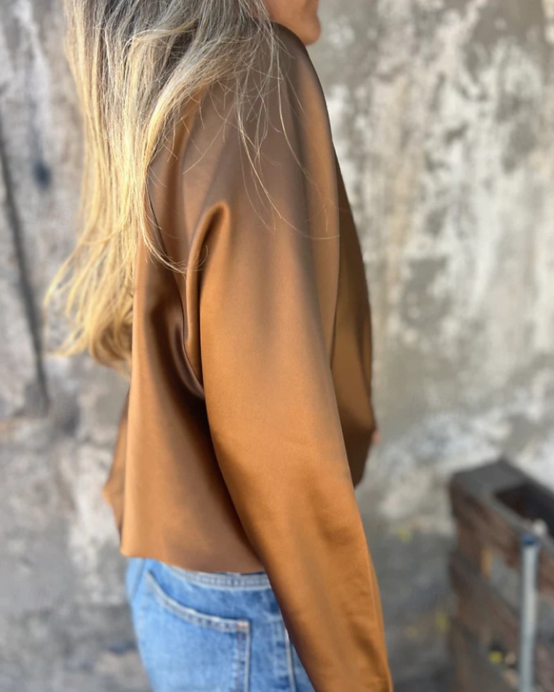 Damen Hemd Bluse Einfach Modern Lässig Langarm V Ausschnitt Normale Oberteile Täglich Ausgehen Schwarz Champagner Braun Aprikose Grau Herbst 2025 - $21.99 –P11