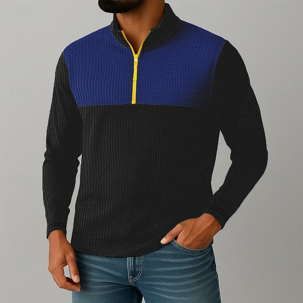 Herren Waffelhemd T Shirt Halb-Zip-Shirt T-Shirt Langarm Viertelreißverschluss Herbst Frühling & Herbst Farbblock Texture Mode Designer Basic Patchwork Farbblock Urlaub Straße Lässig Schwarz Koffee 2025 - $17.99 –P4