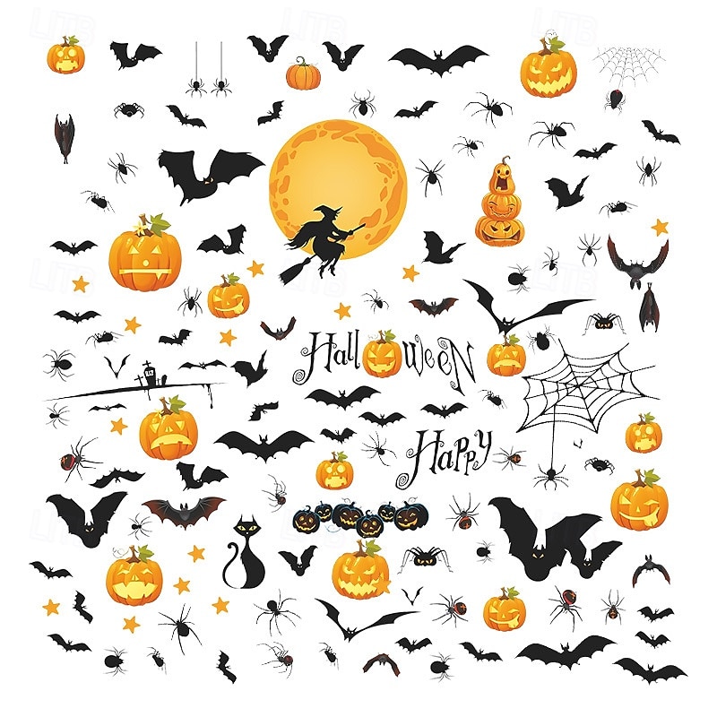 9 archů halloweenských okenních samolepek, statických samolepek s netopýry, dýněmi, černými kočkami, čarodějnicemi, odnímatelných skleněných samolepek do koupelny, domova, kanceláře, dekorací oken na 2025 - $13.49 –P3