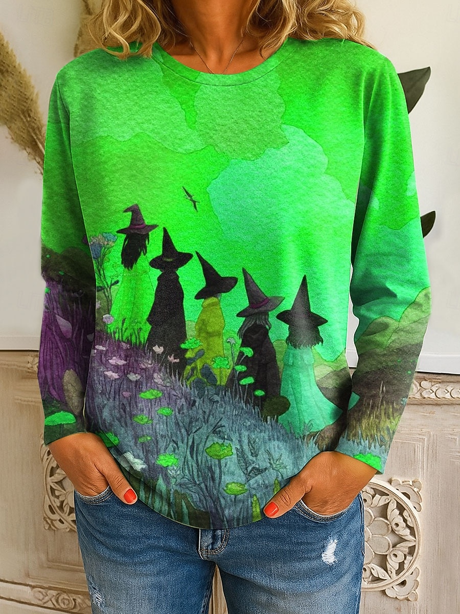 Halloween Femmes T-shirt Graphique Sorcière ancien Mode Élégant manche longue Col ras du cou Hauts Réguliers Quotidien Imprimé Jaune Bleu Orange Vert Automne Hiver de 2025 ? $22.99 –P4