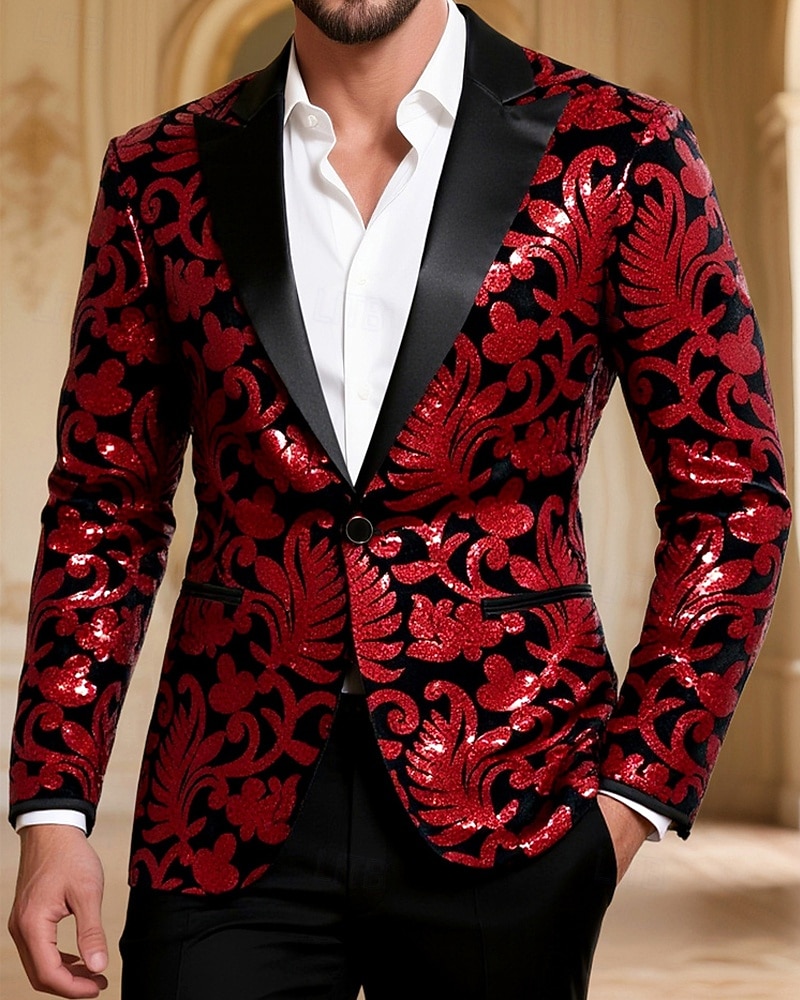 Per uomo Blazer Cocktail party Ricevimento di matrimonio Moda Casual Primavera Autunno Poliestere Floreale Tasca Bottoni Confortevole Monopetto Giacca Rosso del 2026 a $68.99 –P1