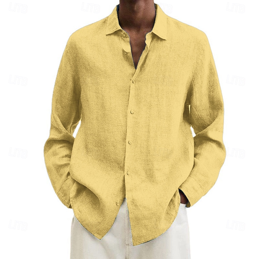 Camicia da uomo in cotone e lino, nera, rosa, blu navy, manica lunga, tinta unita, stile turndown, abbigliamento da vacanza, abbigliamento in poliestere, moda casual del 2025 a $19.49 –P8