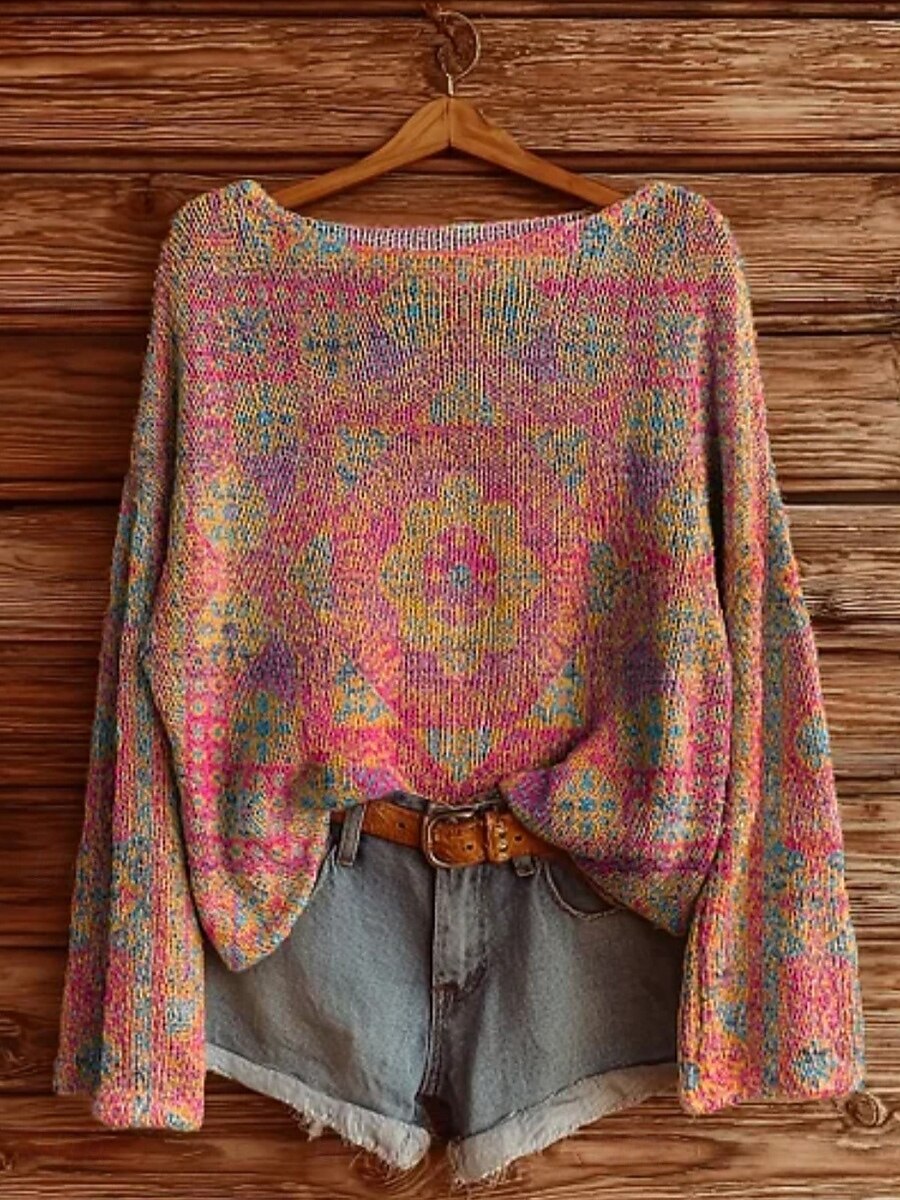 Women's Sweater Casual Soft Floral Vintage Ethnic Long Sleeve Crew Neck Regular Tops Daily Holiday Print Wine Red Purple Fuchsia Spring Fall Winter 2025 - $22.99 –P2