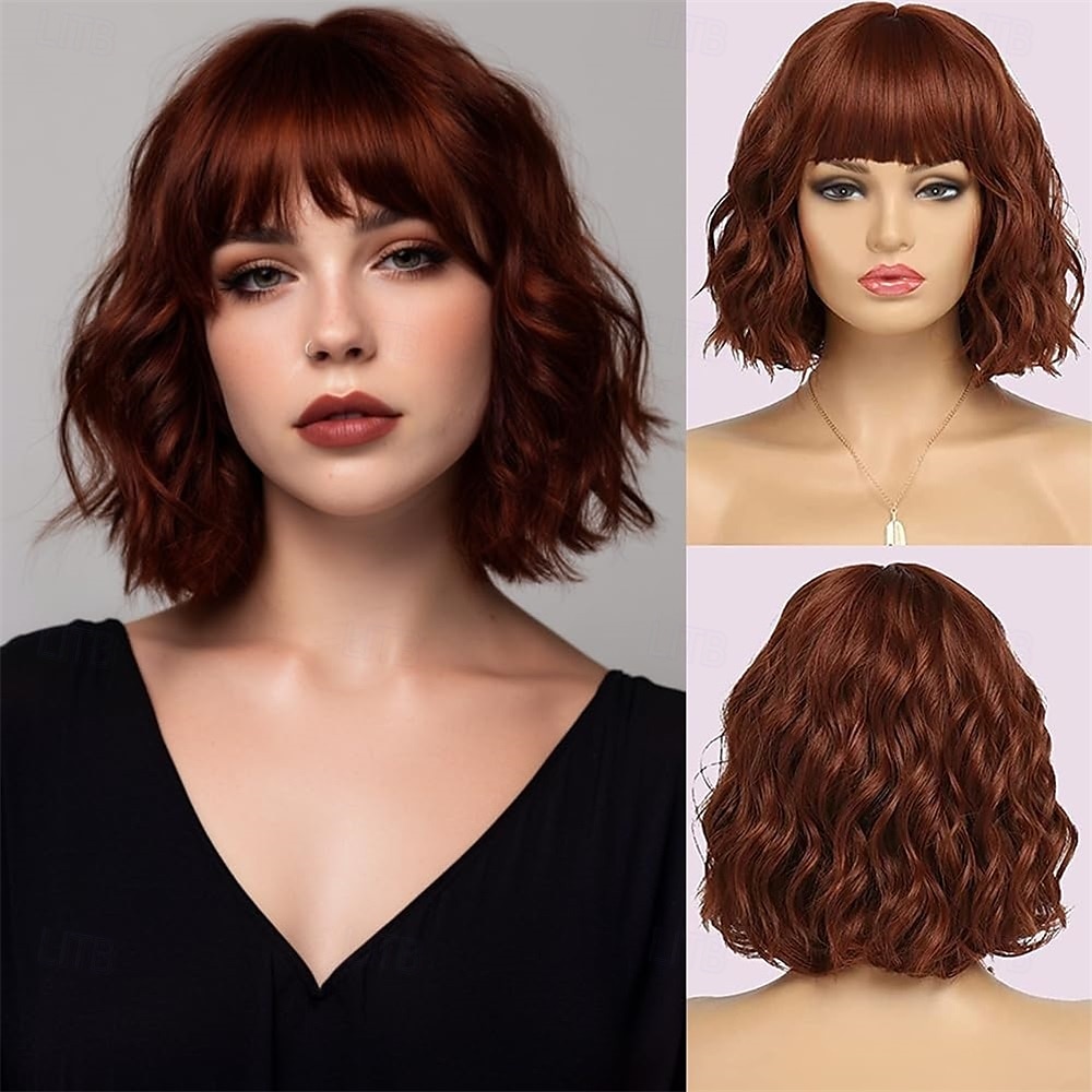 parrucche corte argentate per donne, parrucca bob ondulata grigia sfumata con frangia, capelli sintetici di media lunghezza, parrucca con radici scure e onde d'acqua, parrucche grigie colorate del 2025 a $23.99 –P7