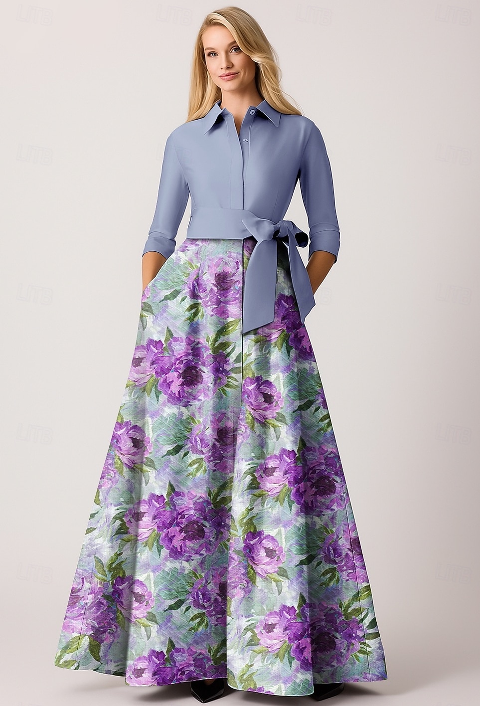 Rochie de mireasă elegantă, violet-albastru, în linie A, cu decolteu tip bateau, lungime la podea, dungă subțire, mânecă lungă și blocuri de culoare, 2025 2025 - $149.99 –P4