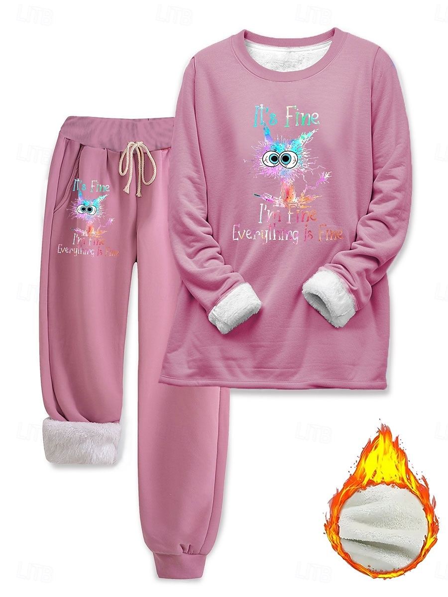Set di pigiami da donna foderato in pile elegante caldo moda set di due pezzi tuta pantaloni maniche lunghe collo rotondo grafica con animali stampa lettere outdoor quotidiano nera rosa scuro blu del 2025 a $41.99 –P5
