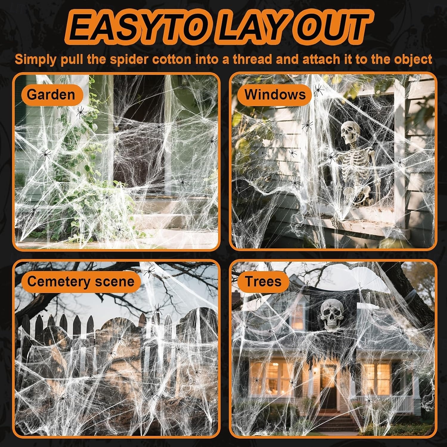 175 kvadratmeter stort halloween-edderkoppnett, bonus med 100 kunstige edderkopper, edderkoppnett i stoff, spindelvev-halloween-dekor for innendørs og utendørs festutstyr 2025 - $19.99 –P4