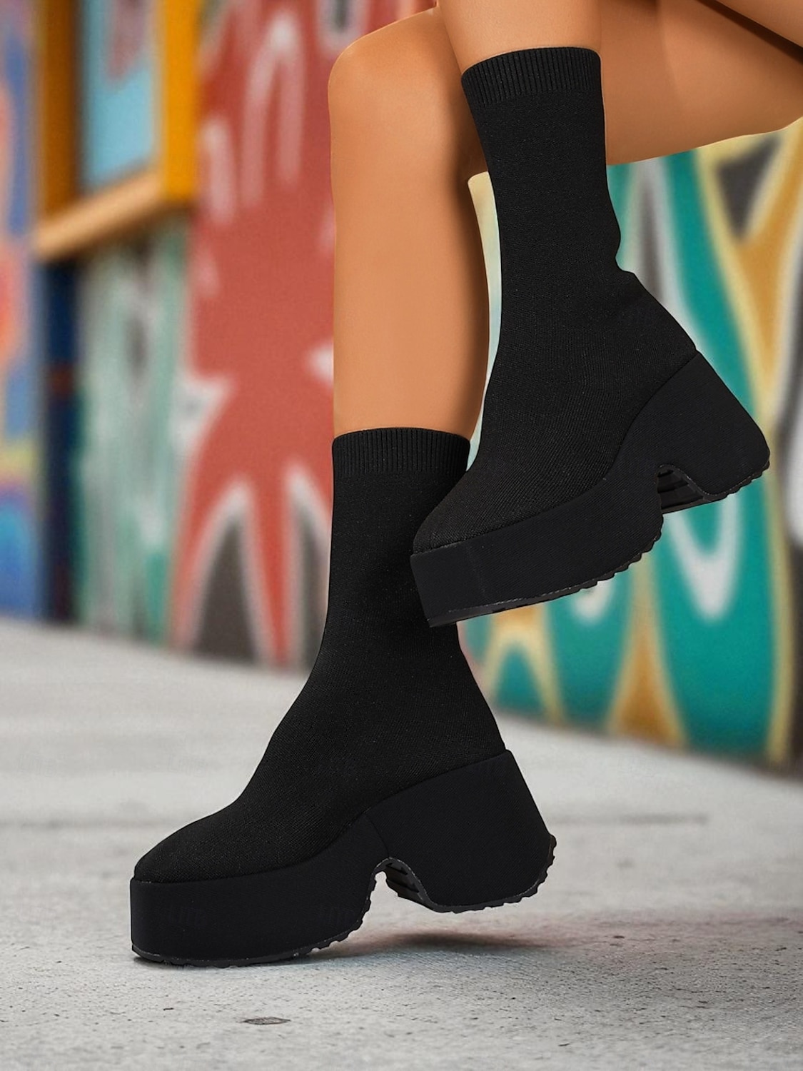 Botas plataforma grossas femininas – botas de cano curto pretas de malha elástica com bico redondo para streetwear, looks casuais e moda outono de 2026 por $42.99 –P3