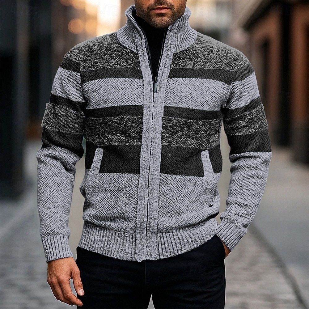 Men's Cardigan Sweater Cropped  Sweater Zip Sweater Knit Sweater Ribbed Knit Regular Tops Patchwork Pocket Color Block Stand Collar Fashion Classic Vacation Daily Wear Clothing Apparel Fall Winter 2025 - $31.99 –P1