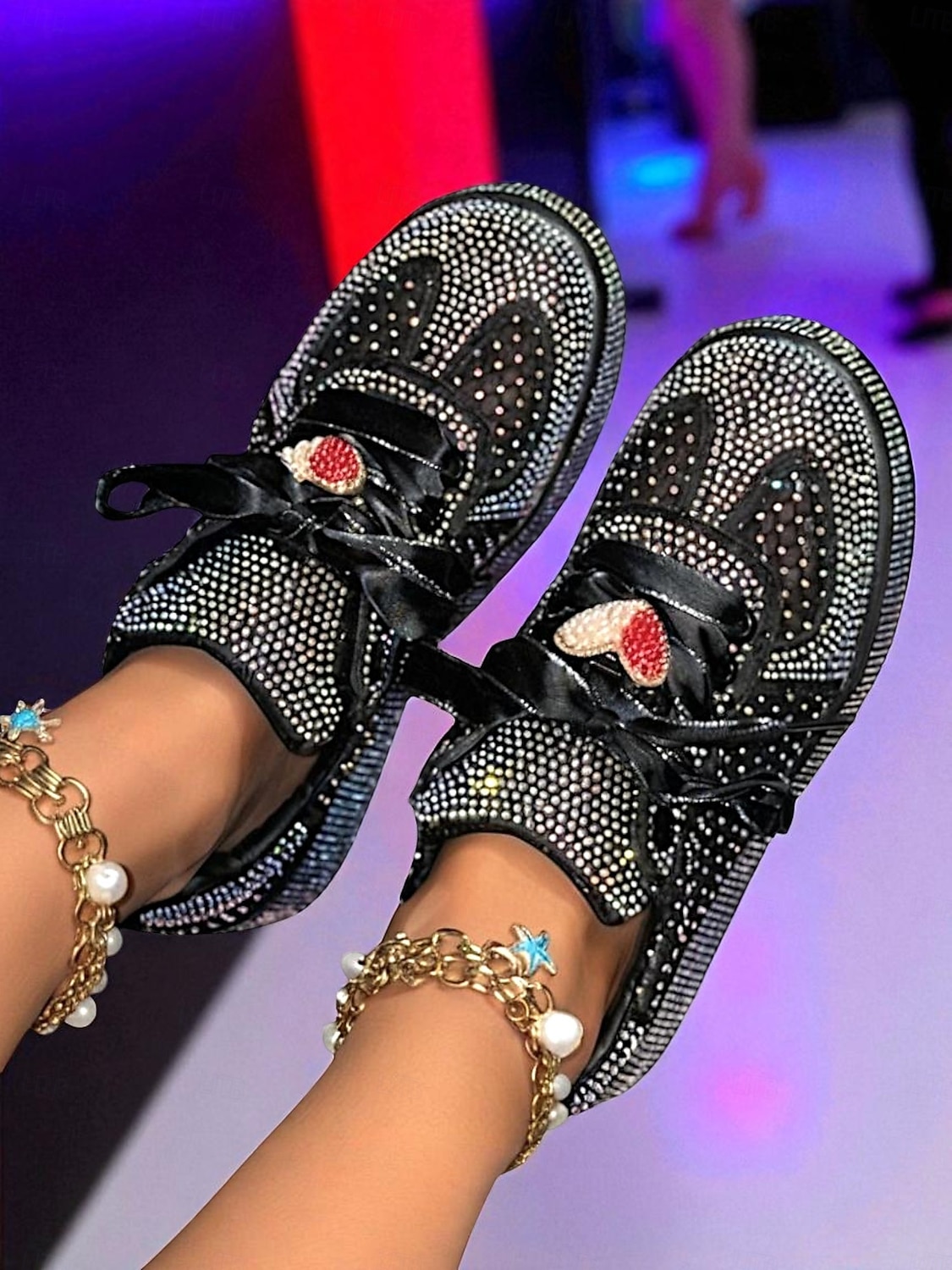 Naisten valkoiset strassikengät satiininauhanauhoilla ja sydänriipuksella - tyylikkäät vapaa-ajan kengät yöelämään, klubeille ja juhliin 2026 - $46.99 –P2