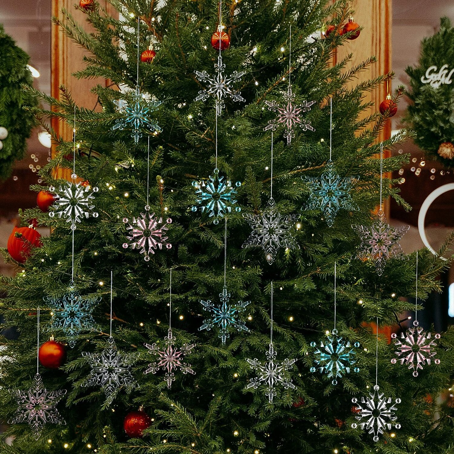6 stk. krystall snøfnuggpynt i julekrystall, hengende snøfnuggpynt i akryl, rosa istapp-snøfnuggpynt i 3 farger til juletrefest, hjemmedekorasjon 2025 - $5.99 –P5